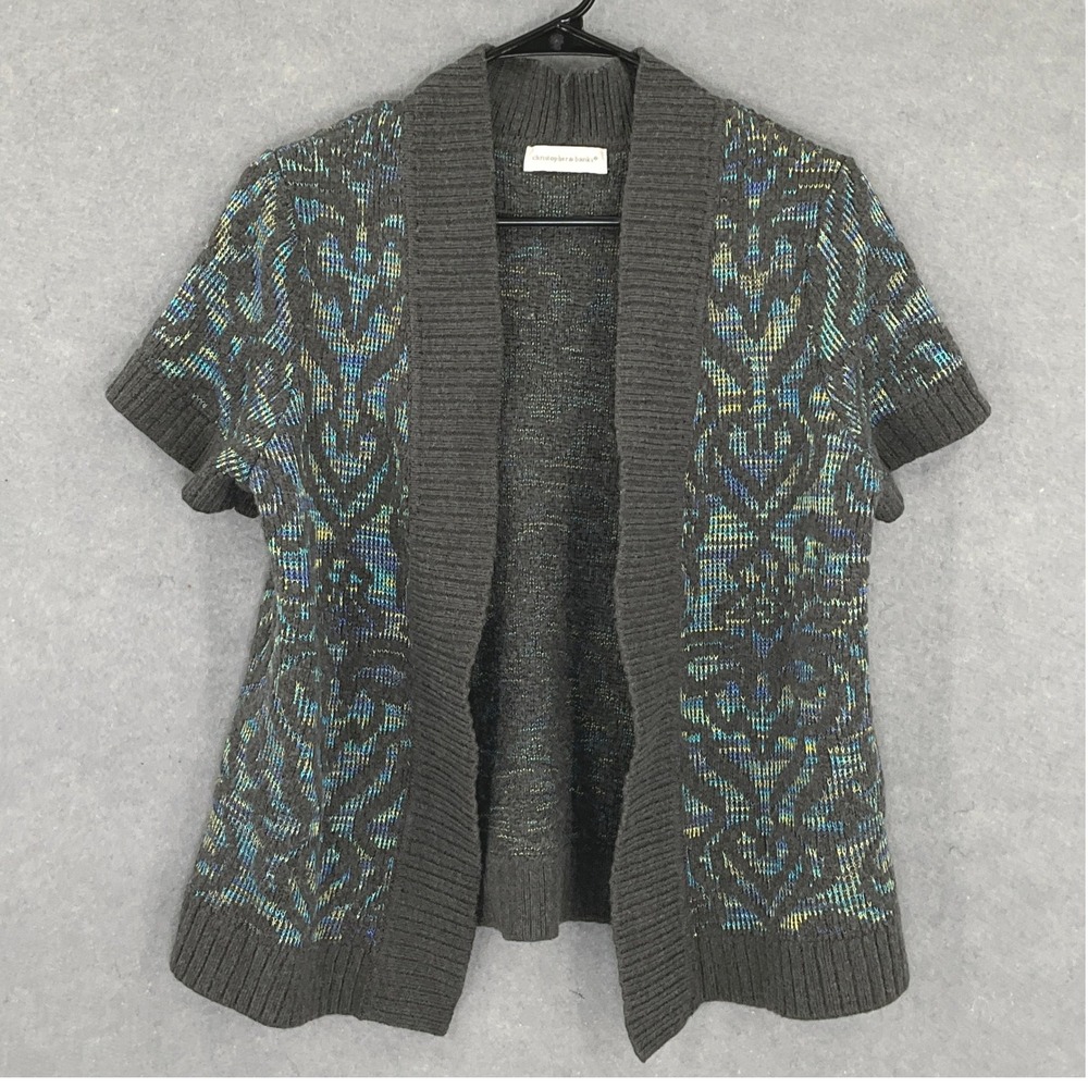 Christopher & Banks Vest Womens Sz L‎ Gray Open Front Wool Short Sleeve Sweater